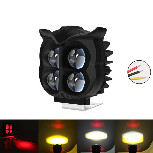 Owl Shape LED Motorcycle Headlight - 4 Modes (R/Y/W)
