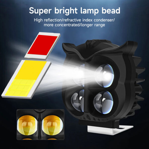 Owl Shape LED Motorcycle Headlight - 4 Modes (R/Y/W)